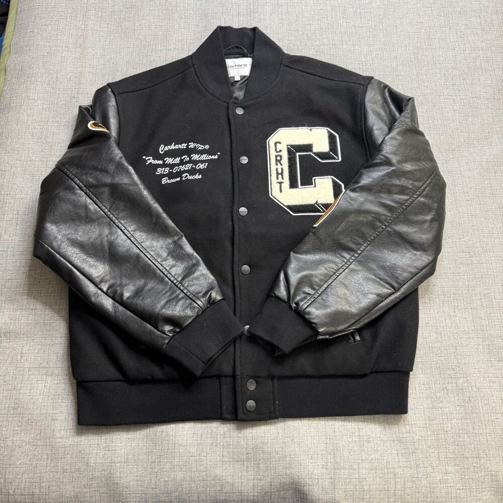 Carhartt WIP Brown Ducks Bomber Jacket Men's L Black Varsity Faux Leather